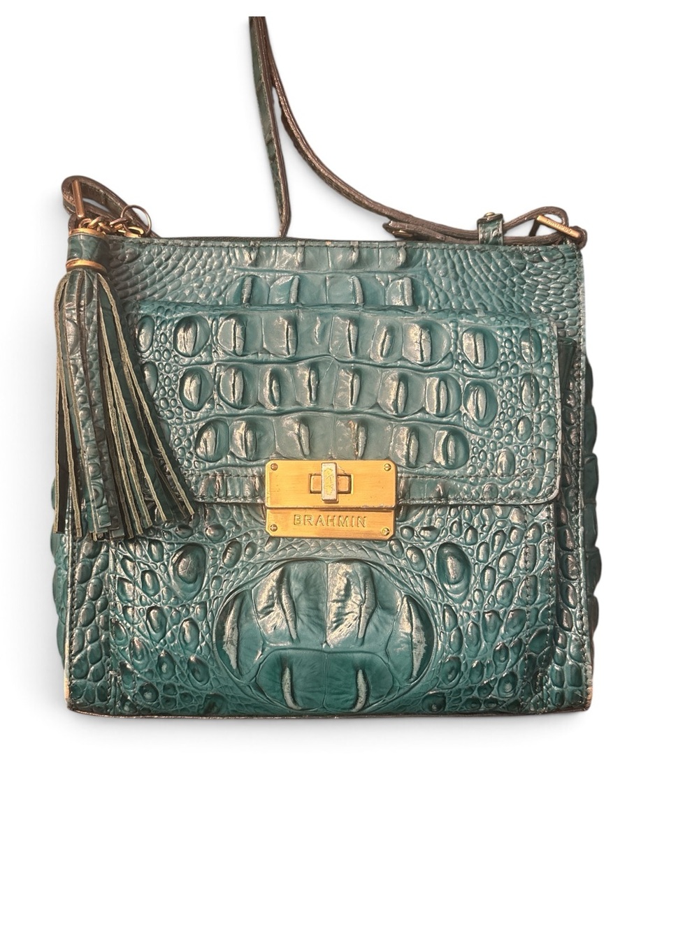 BRAHMIN MIMOSA TEAL GREEN MELBOURNE LEATHER CROSSBODY BAG BUILT in WALLET